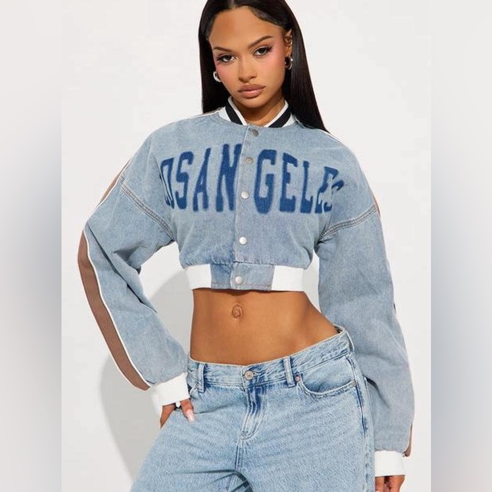 Cropped Los Angeles Denim Bomber Jacket - Light Blue